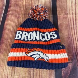 Denver Broncos NFL 47 Brand Men Blue Orange Cuffed Pom Knit Beanie Fold Over